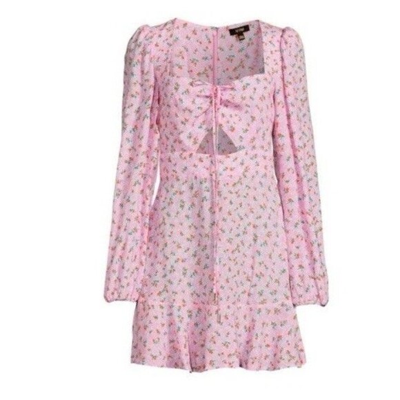 AFRM Los Angeles Barbie Core Cut Out Pink Floral Mini Dress Sz S Long Sleeve - Picture 2 of 6